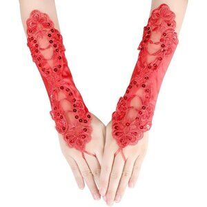 Women's A-Red Sequins Beads Fingerless Satin Gloves Party Prom Accessories
